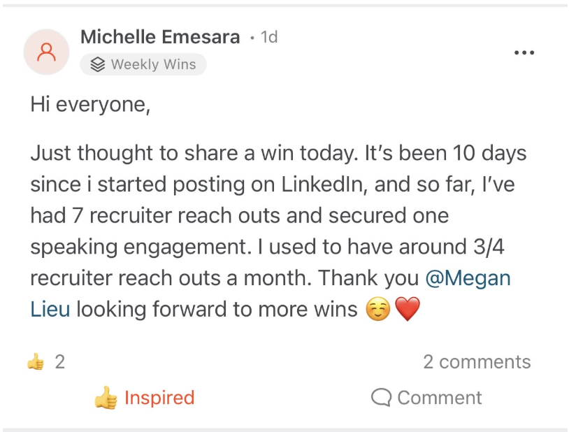 Student testimonial from Michelle Emesara - 7 recruiter reach outs in 10 days after Mastering LinkedIn course