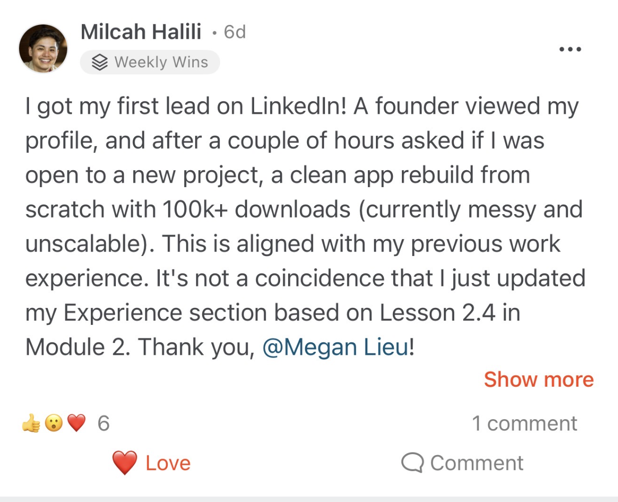 Student testimonial from Milcah Halili - First lead on LinkedIn after Mastering LinkedIn course